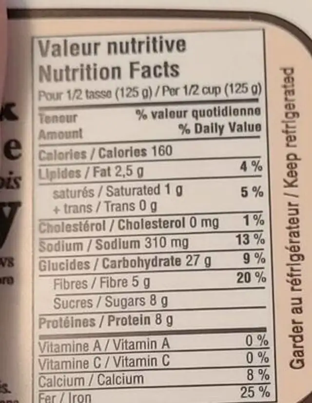 Fèves au lard béant with pork nutrition facts table