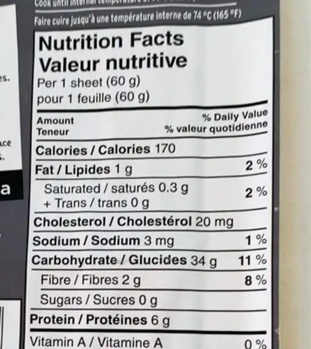 Feuilles de lasagne nutrition facts table