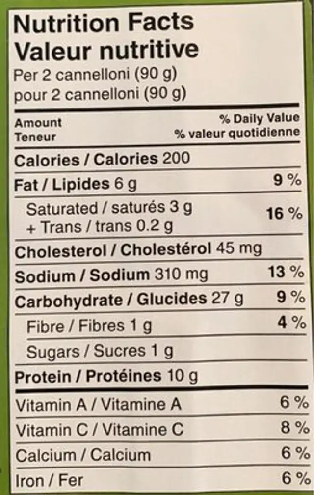 Canneloni nutrition facts table