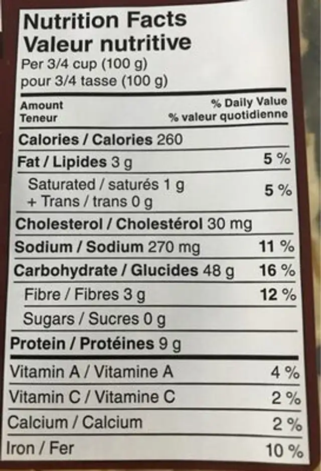 Tortellini au boeuf nutrition facts table