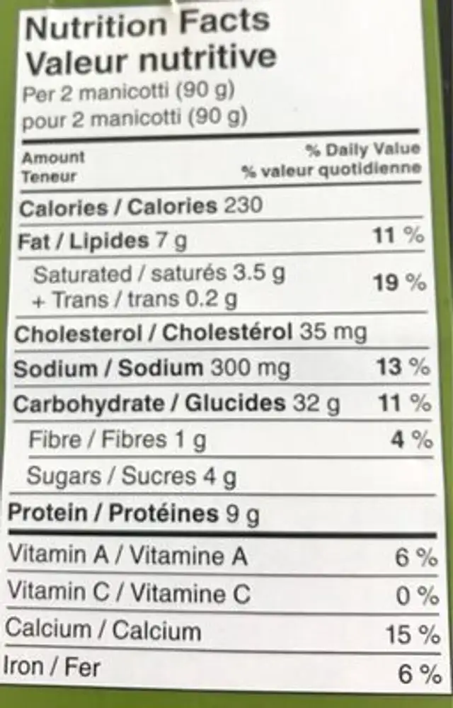 Manicotti 4 formaggi nutrition facts table