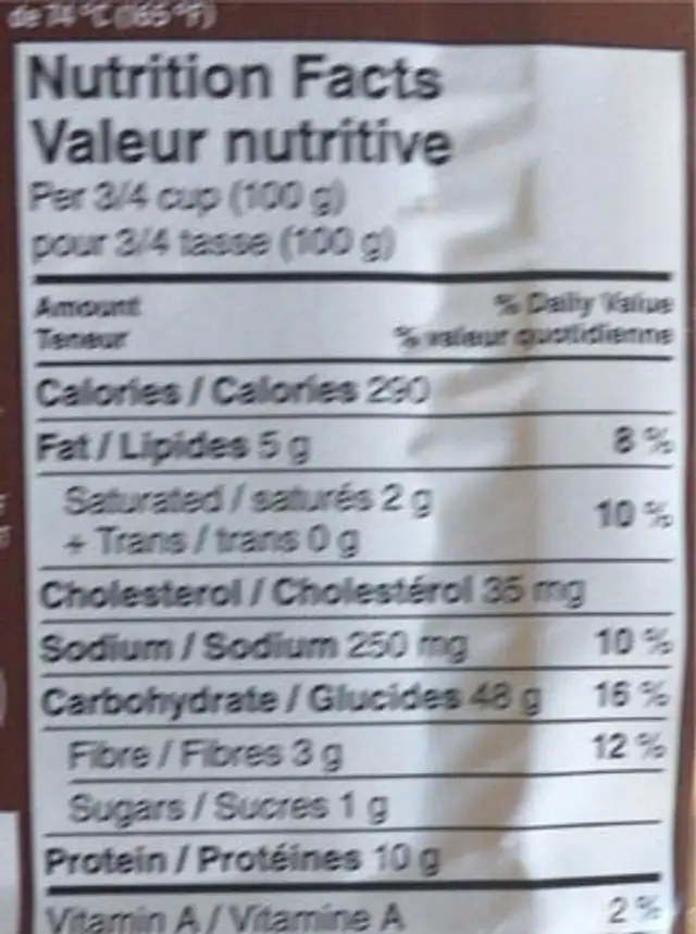 Tortellini nutrition facts table