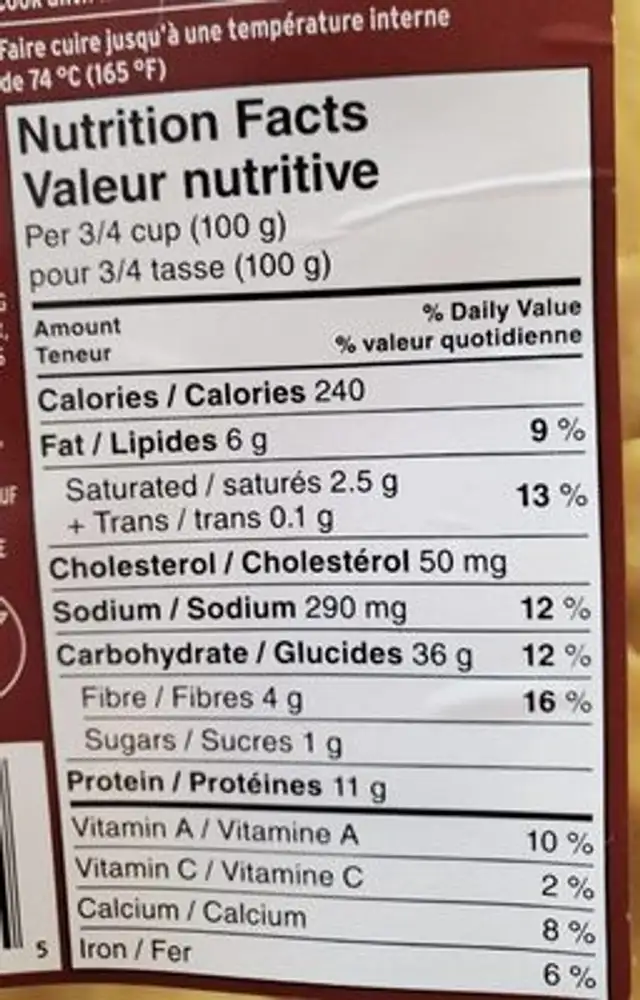 Ravioli boeuf braisé au jus nutrition facts table