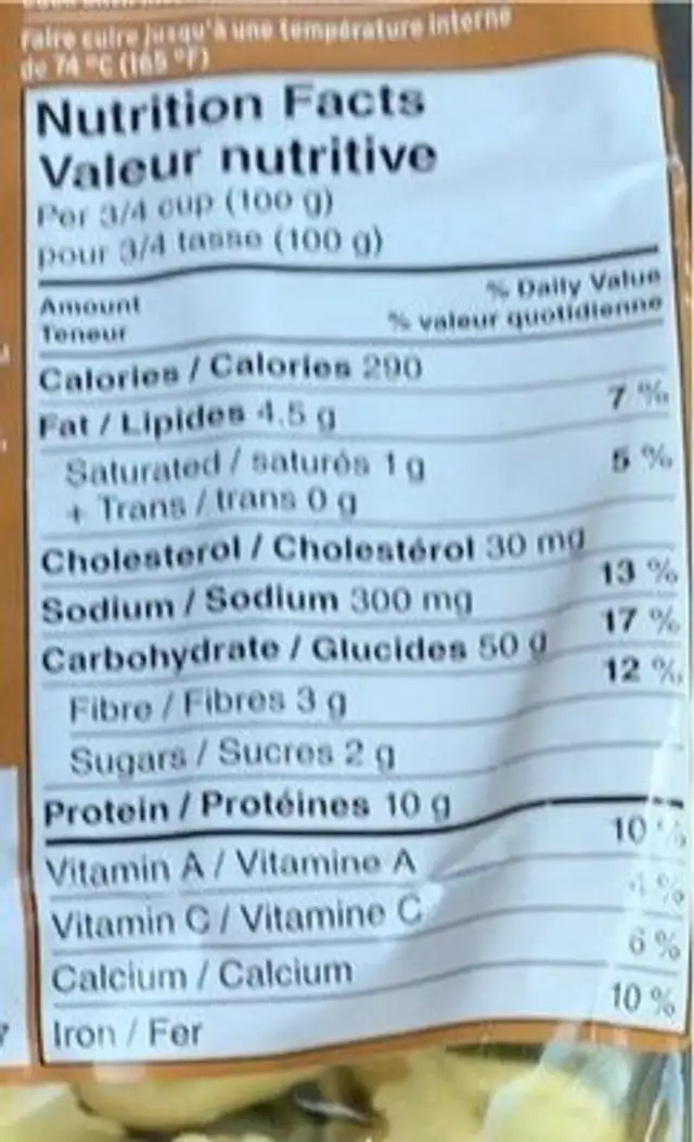 Tortellini nutrition facts table