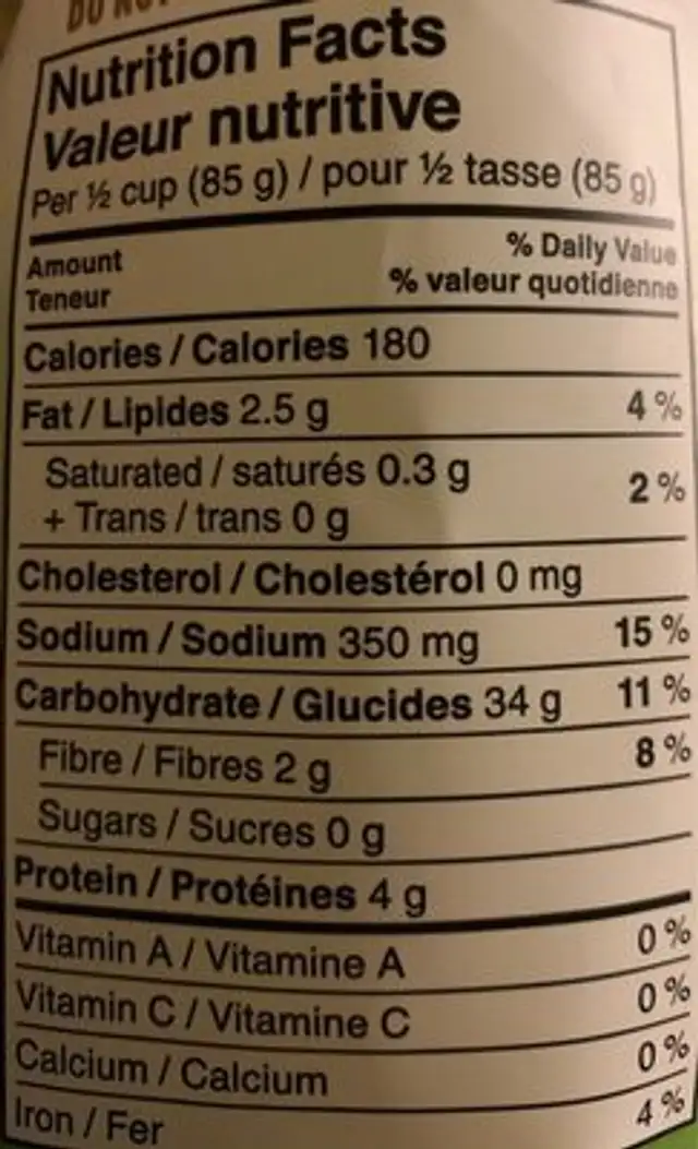 Gnocchi nutrition facts table