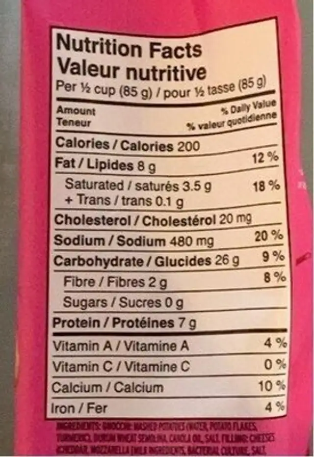 Gnocchi Cheddar Bacon nutrition facts table