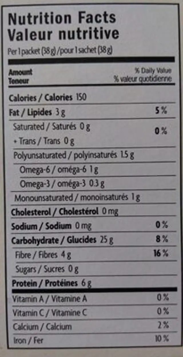 Qi'a Gluten-Free Oatmeal – Superseeds & Grains nutrition facts table