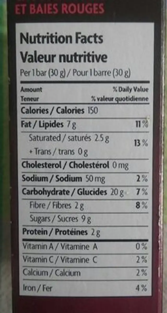 Barres granola Love Crunch nutrition facts table