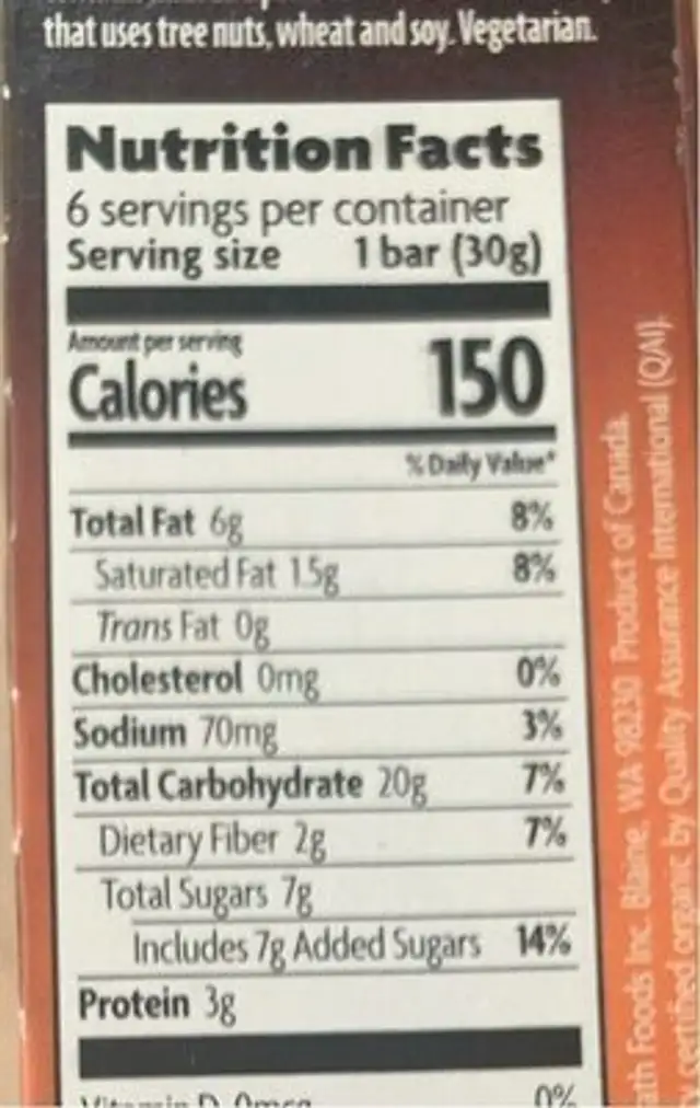 Natures path bar love crunch dark chocolate peanut butter nutrition facts table