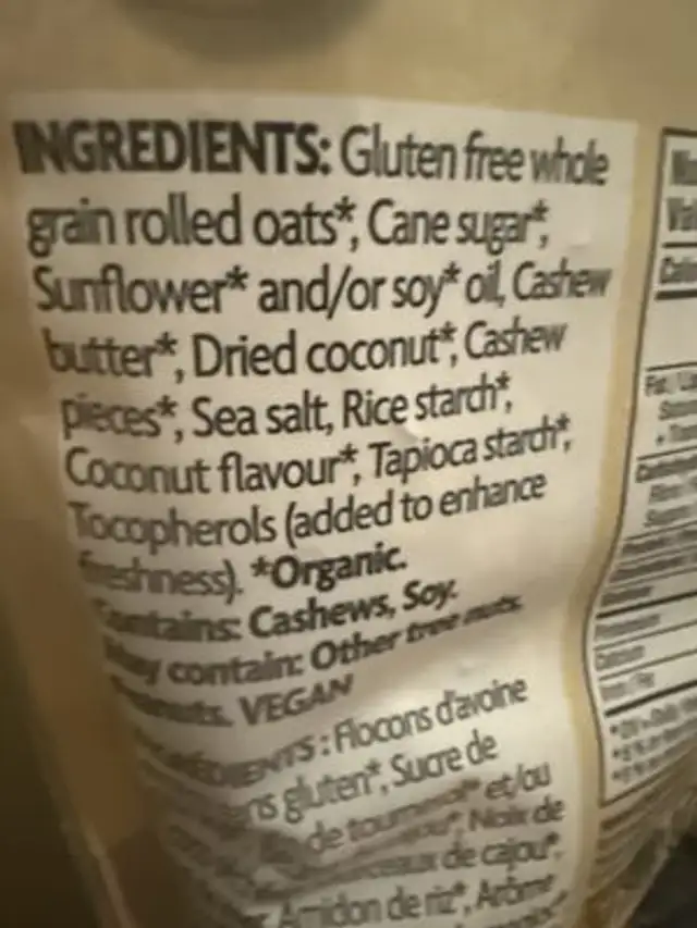 Coconut & Cashew Butter Granola ingredients label