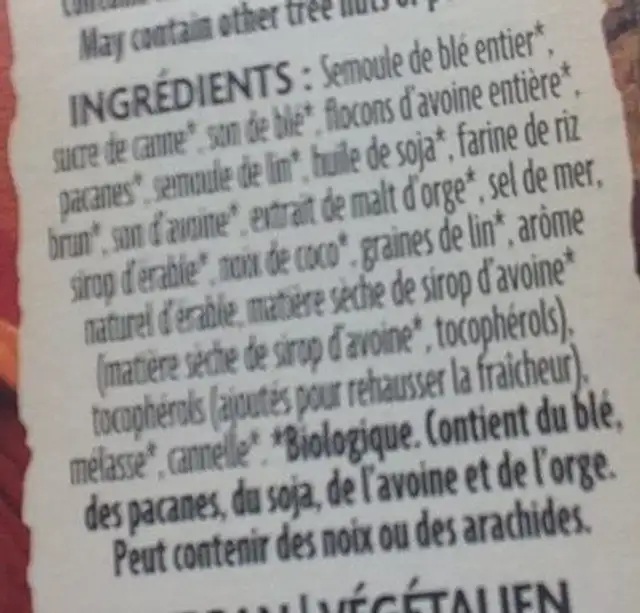 Flax Plus Maple Pecan Crunch Cereal ingredients label