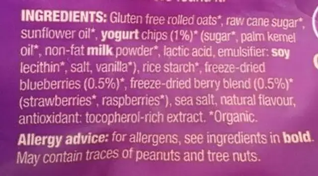 Gluten free Natures Path Mixed Berry Granola 312G ingredients label