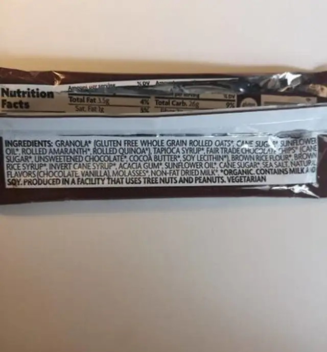 Barre cereale chocolat noir ingredients label