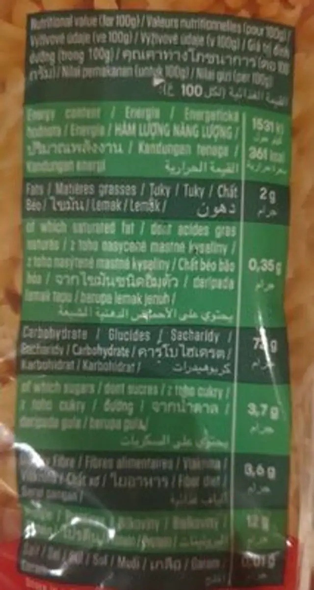Fusilli nutrition facts table