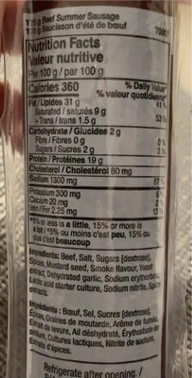 Saucisson d’été de boeuf nutrition facts table