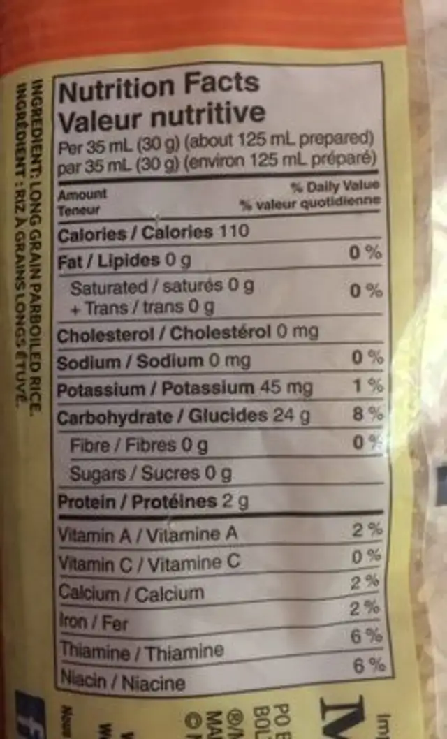 Riz à grains longs nutrition facts table