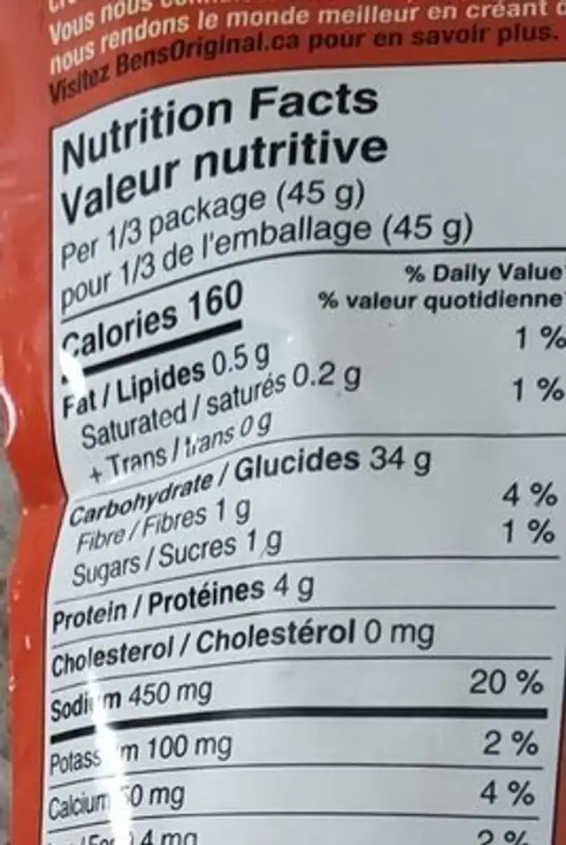 Uncle bens nutrition facts table