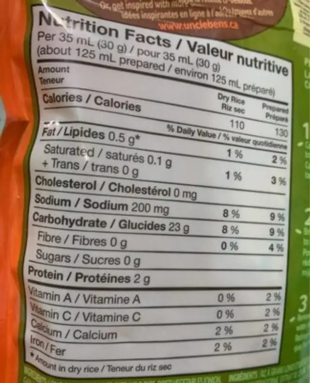 Riz Sélection Naturelle (ail Et Huile D'olive) nutrition facts table