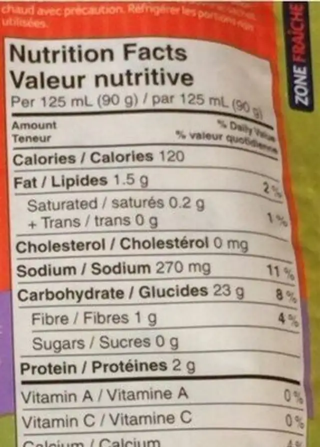 Riz et grains nutrition facts table
