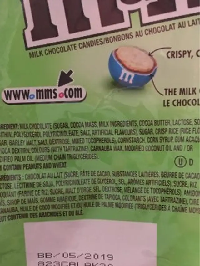 Chocolate Candies Red & Green ingredients label