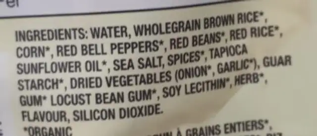 Caribbean style wholegrain rice ingredients label