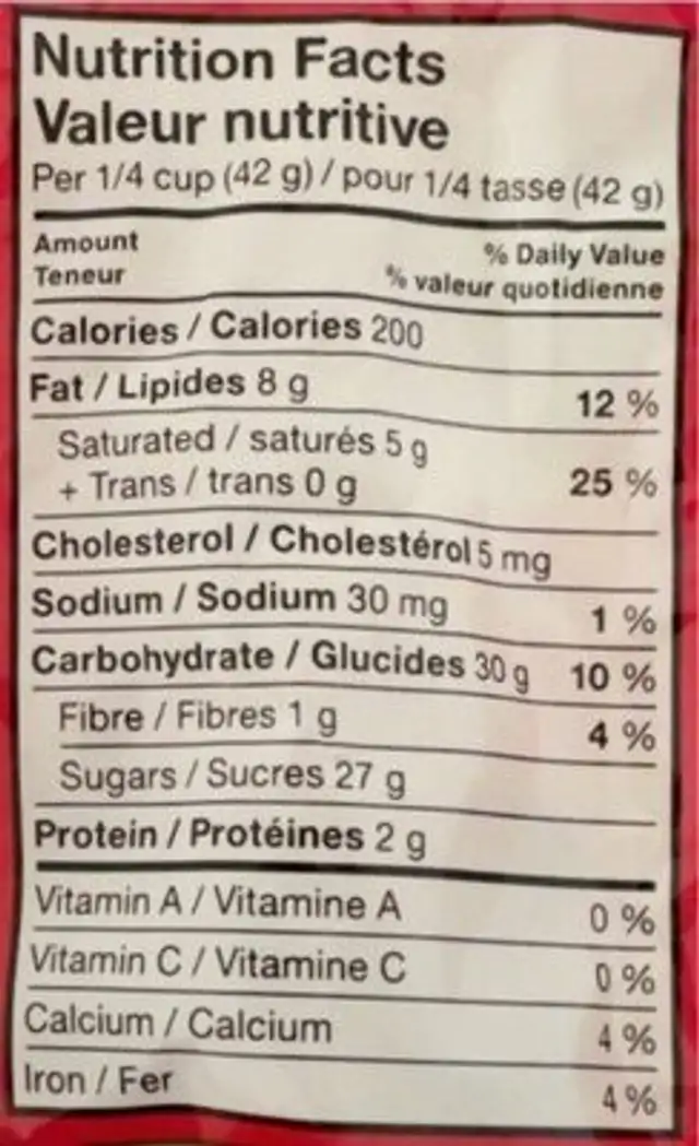 Red & White Oh Canada! nutrition facts table