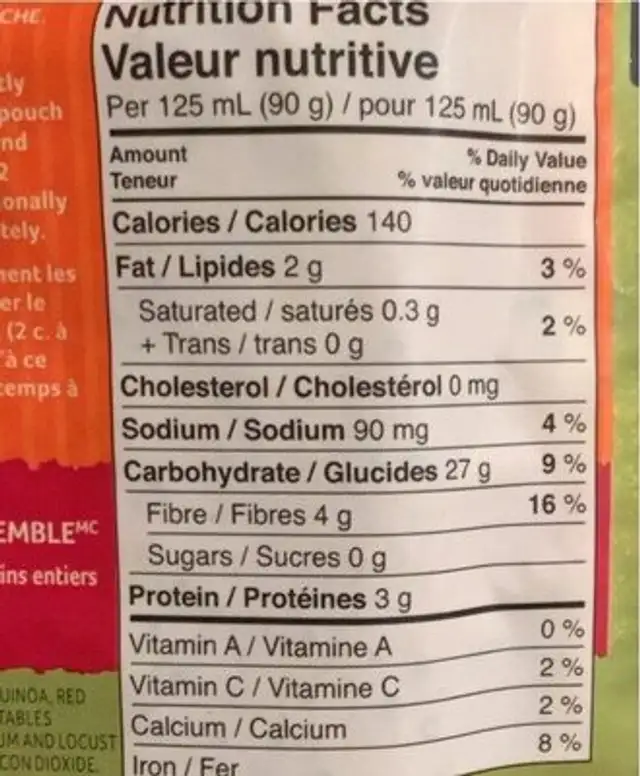Uncle Ben’s spicy wholegrain&quinoa nutrition facts table