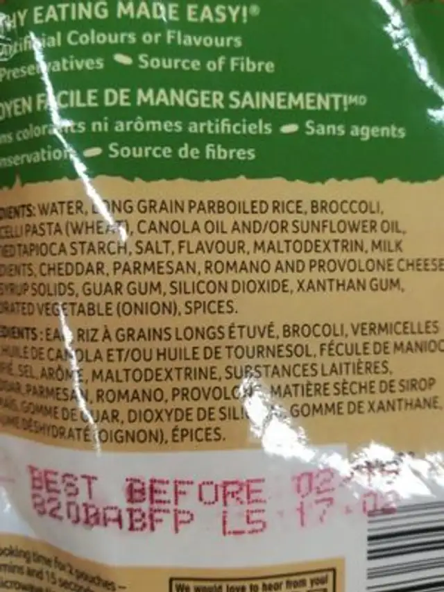 Bistro Express Broccoli & Cheddar ingredients label