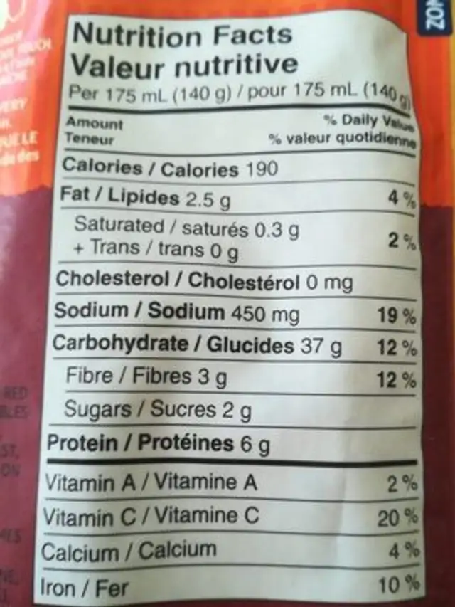 Riz et haricots rouges saveur fumée nutrition facts table