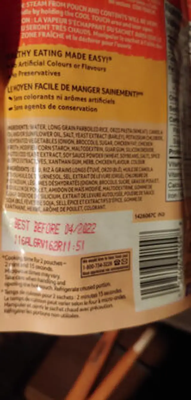 Uncle bens bistro express riz pilaf ingredients label