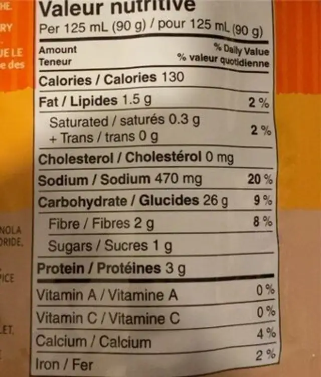 Uncle bens bistro express riz pilaf nutrition facts table