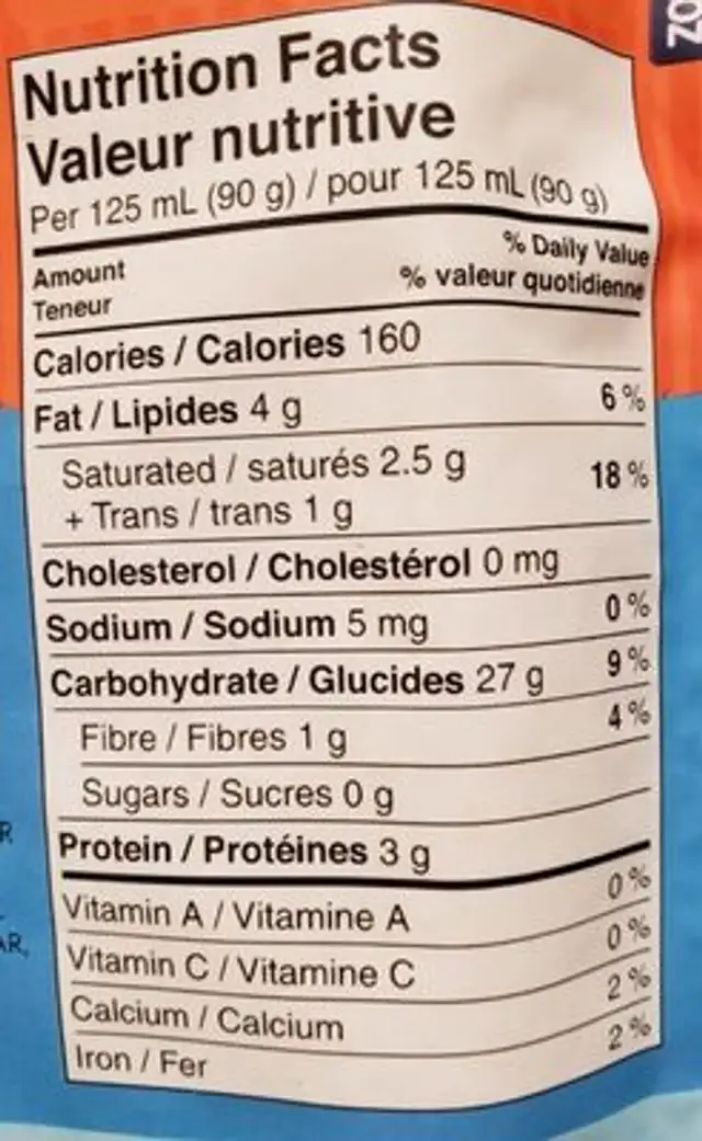 Bistro Express basmati rice, coconut flavour nutrition facts table