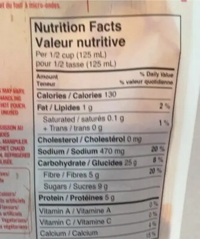Haricot cuit au four nutrition facts table