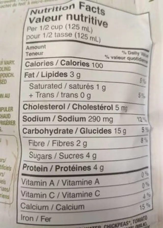 indian lentils and chickpeas nutrition facts table
