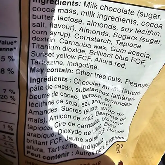 M&Ms amandes ingredients label