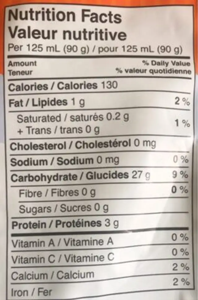 Riz Basmati nutrition facts table