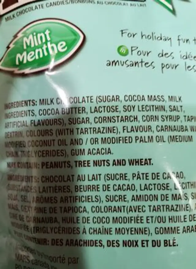 m&m mint ingredients label