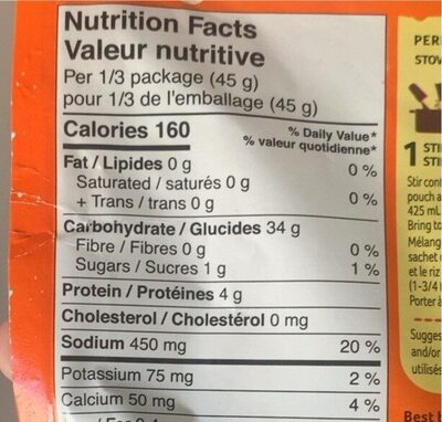 Riz aux legumes de potager nutrition facts table