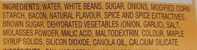 Haricots oignons bacon ingredients label