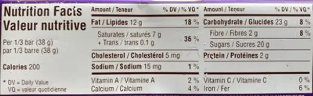 Dark sweet chocolat bar nutrition facts table