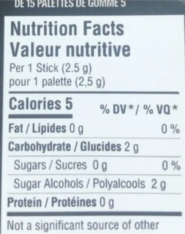 5 gum nutrition facts table