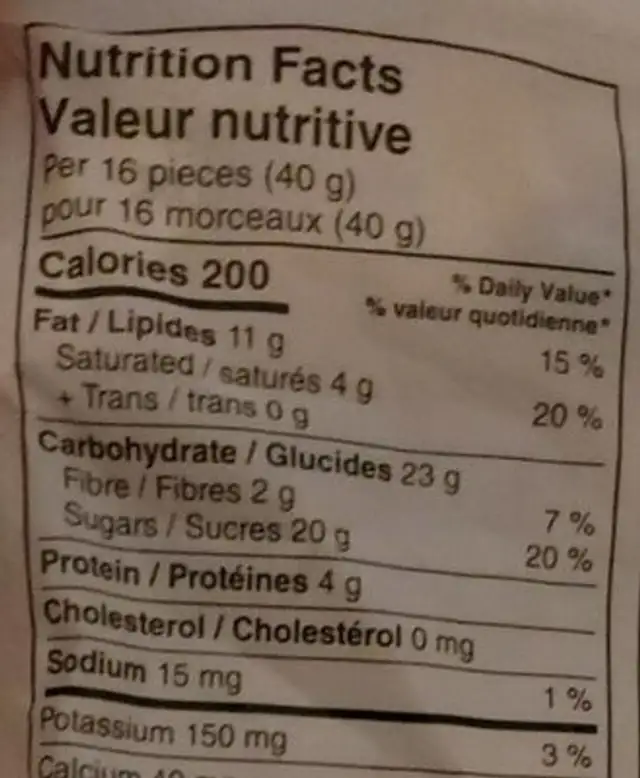 mix nutrition facts table