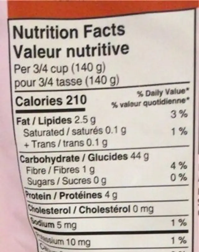 Riz jasmin nutrition facts table