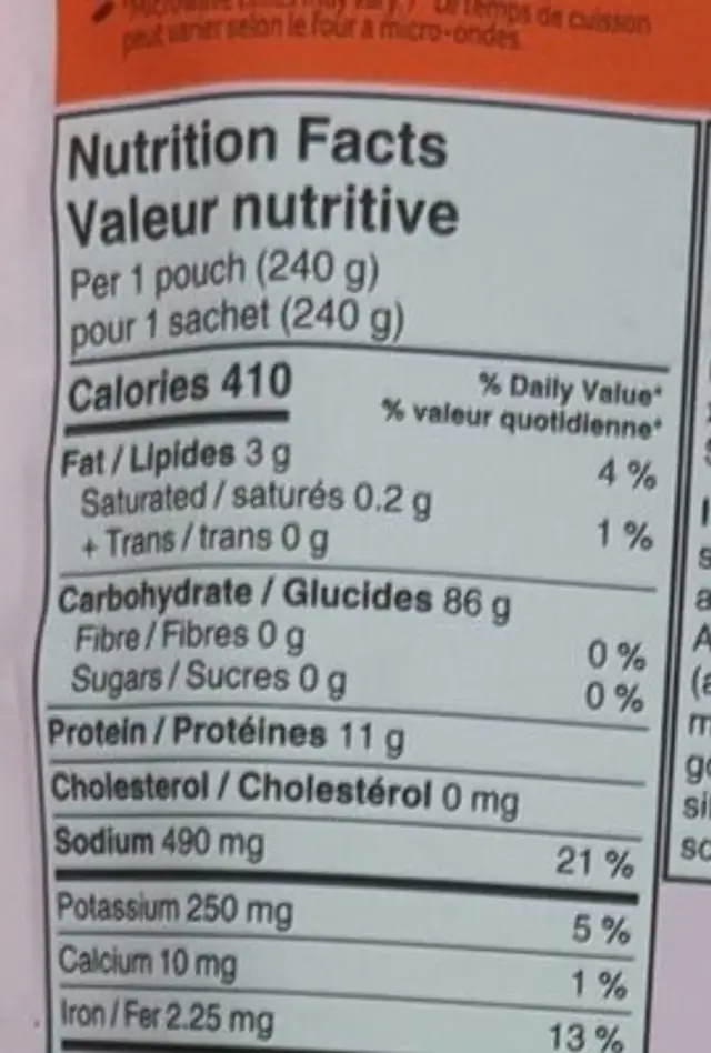 Bistro express nutrition facts table