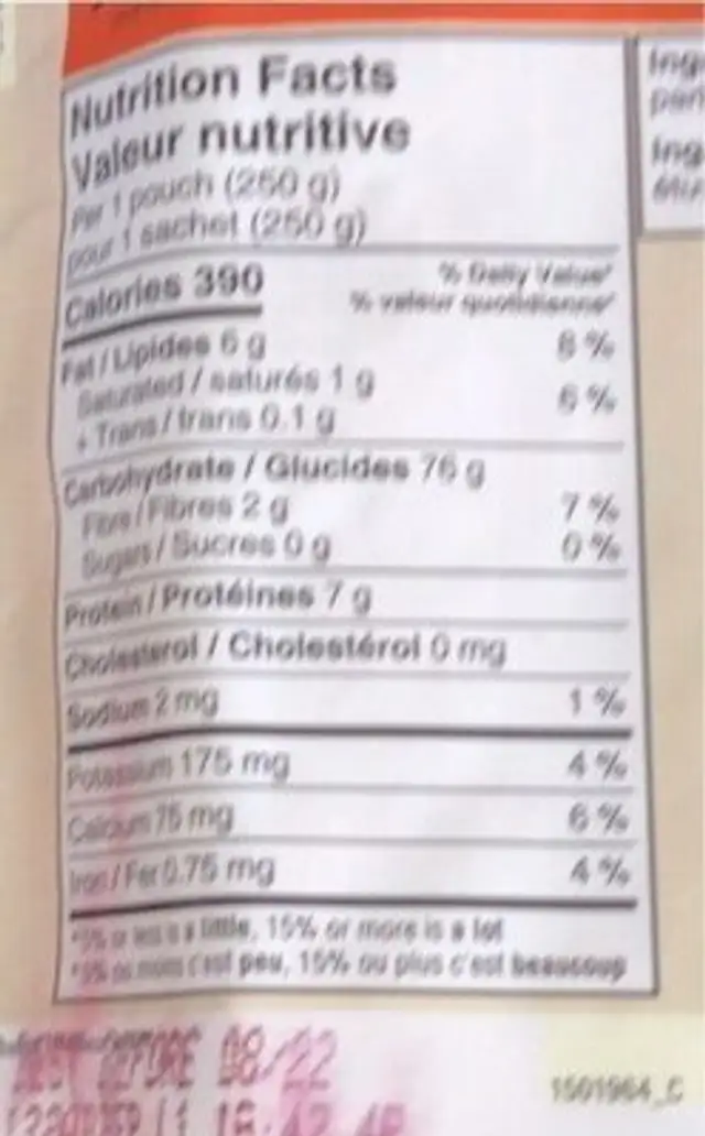Riz converted nutrition facts table