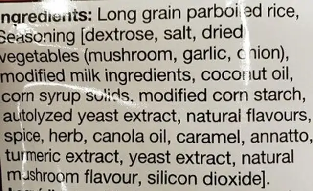 Saveur de crème de champignons ingredients label