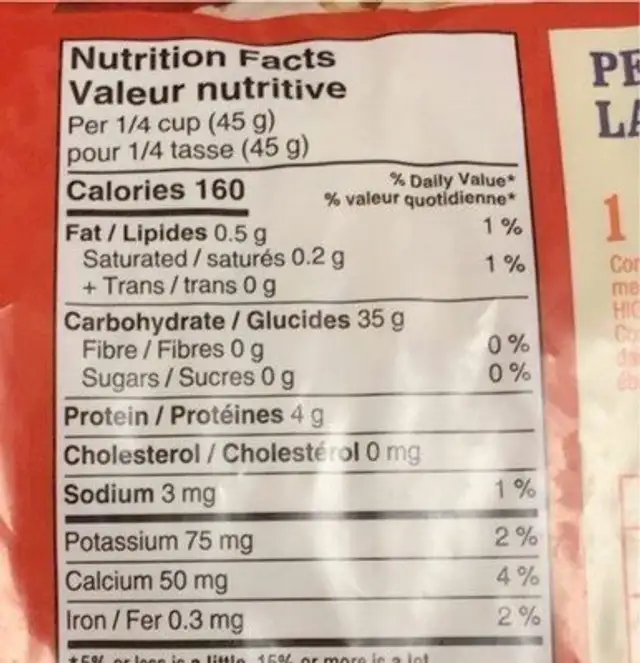 Converted Long Grain Rice nutrition facts table