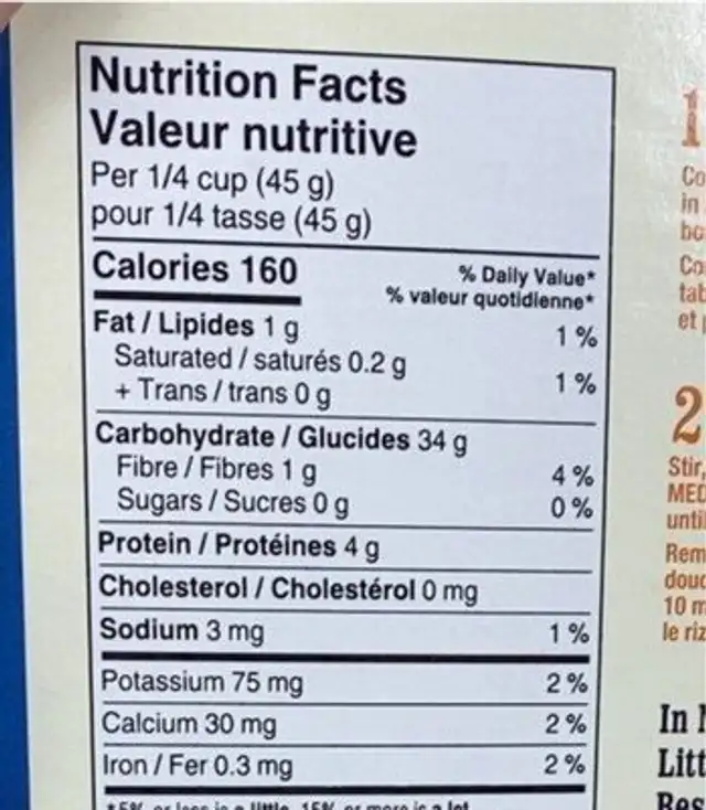 Riz brun à grains entiers nutrition facts table