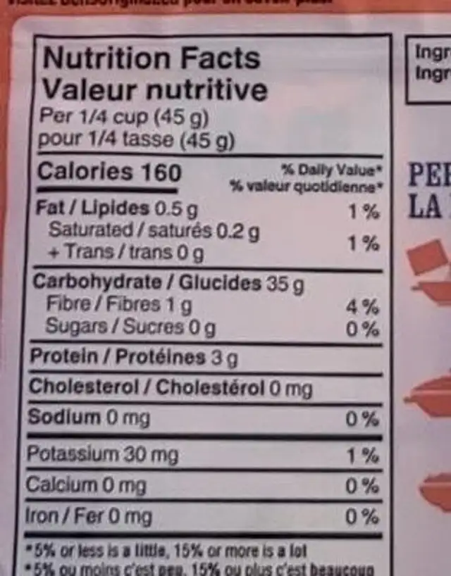 Original Jasmine Rice nutrition facts table