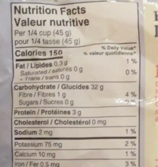 Basmati Rice nutrition facts table